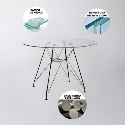 Mesa De Jantar Com 4 Cadeiras Brancas Tampo Vidro Redondo 110Cm Base De Ferro Preto Cor: Branco