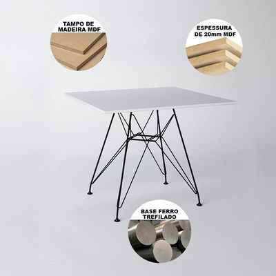 Mesa De Jantar Quadrada Branca 90Cm Com 4 Cadeiras Brancas Base Ferro Preto Cor: Preto