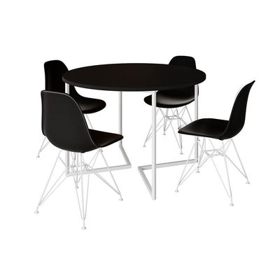 Mesa Industrial Jantar Redonda Preta 110Cm Base V Com 4 Cadeiras Eames Pretas Ferro Branco Preto