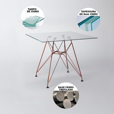 Mesa De Jantar Quadrada Vidro 90Cm Com 4 Cadeiras Pretas Base Ferro Cobre Cor: Branco