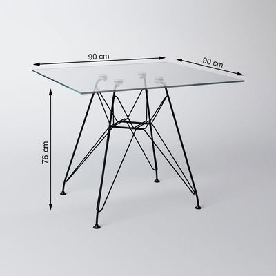 Mesa De Jantar Quadrada Vidro 90Cm Com 4 Cadeiras Pretas Base Ferro Preto Cor: Branco