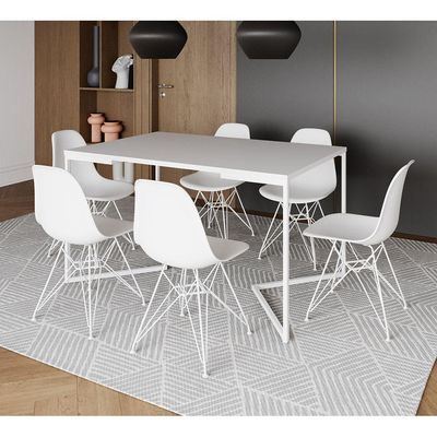 Mesa Industrial Jantar Retangular 137X90Cm Branca Base V Com 6 Cadeiras Brancas Ferro B Branco