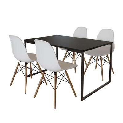 Mesa Industrial Base De Ferro Preto Tampo 137X90 Preto 4 Cadeiras Madeira Assento Branco Preto