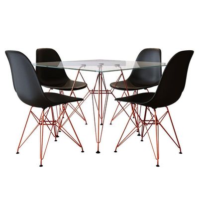 Mesa De Jantar Quadrada Vidro 90Cm Com 4 Cadeiras Pretas Base Ferro Cobre Cor: Branco
