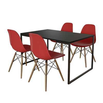 Mesa Industrial Base De Ferro Preto Tampo 137X90 Preto 4 Cadeiras Madeira Assento Vermelho Preto