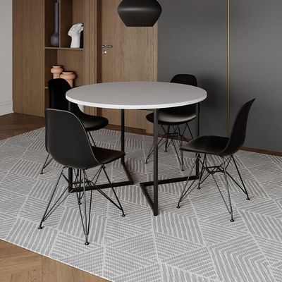 Mesa Industrial Jantar Redonda Branca 110Cm Base V Com 4 Cadeiras Eames Pretas Ferro Preto Branco