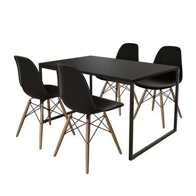 Mesa Industrial Base De Ferro Preto Tampo 137X90 Preto 4 Cadeiras Madeira Assento Preto Preto