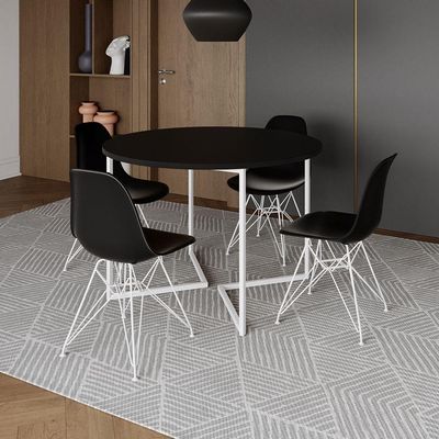 Mesa Industrial Jantar Redonda Preta 110Cm Base V Com 4 Cadeiras Eames Pretas Ferro Branco Preto