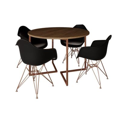 Mesa Industrial Jantar Amêndoa 110Cm Redonda Base V Com 4 Poltronas Pretas Base Cobre Amendoa
