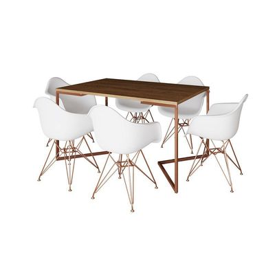 Mesa Industrial Jantar Amêndoa 137X90Cm Base Cobre V Com 6 Poltronas Brancas Base Cobre Cobre