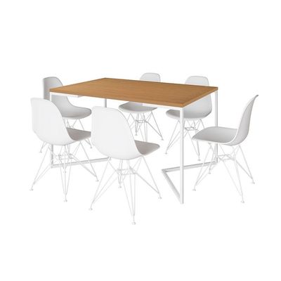Mesa Industrial Jantar Retangular 137X90Cm Canela Base V Com 6 Cadeiras Brancas Ferro B Canela