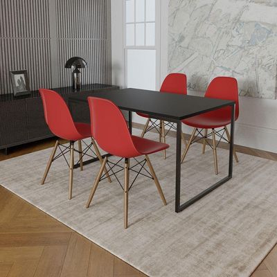 Mesa Industrial Base De Ferro Preto Tampo 137X90 Preto 4 Cadeiras Madeira Assento Vermelho Preto