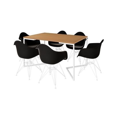 Mesa Industrial Jantar Canela 137X90Cm Base V Com 6 Poltronas Pretas Ferro Branco Canela