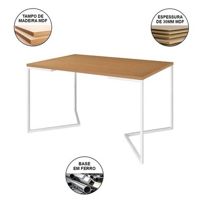 Mesa Industrial Jantar Retangular 137X90Cm Canela Base V Com 6 Cadeiras Brancas Ferro B Canela