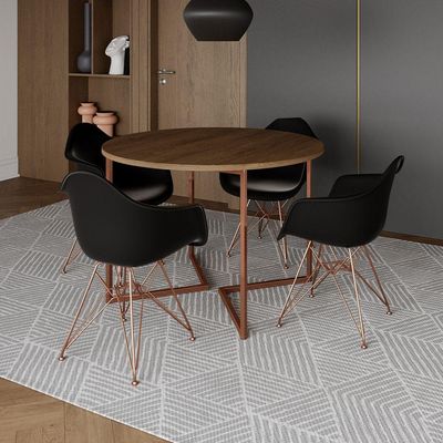 Mesa Industrial Jantar Amêndoa 110Cm Redonda Base V Com 4 Poltronas Pretas Base Cobre Amendoa