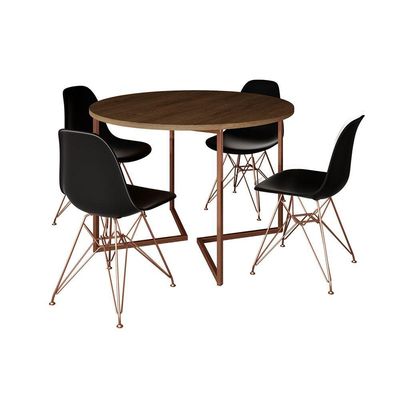 Mesa Industrial Jantar Redonda Amêndoa 110Cm Base V Com 4 Cadeiras Eames Pretas Base Cobre Amendoa