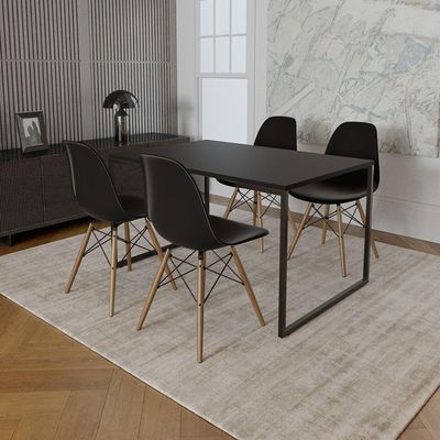 Mesa Industrial Base De Ferro Preto Tampo 137X90 Preto 4 Cadeiras Madeira Assento Preto Preto