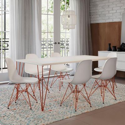 Mesa Sala De Jantar Industrial Branca 135X75 6 Cadeiras Brancas De Ferro Cobre Cor: Branco
