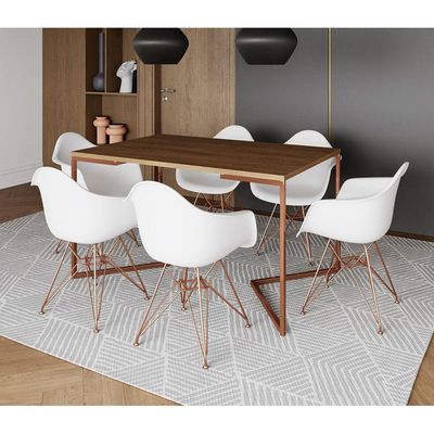 Mesa Industrial Jantar Amêndoa 137X90Cm Base Cobre V Com 6 Poltronas Brancas Base Cobre Cobre