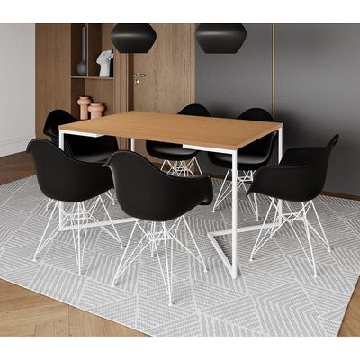 Mesa Industrial Jantar Canela 137X90Cm Base V Com 6 Poltronas Pretas Ferro Branco Canela