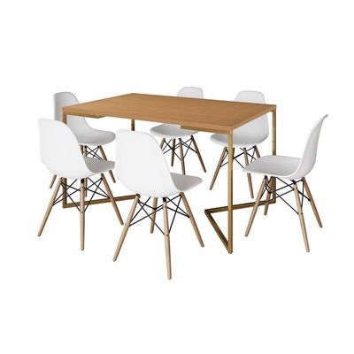 Mesa Jantar Industrial Retangular 137X90Cm Canela Base V Dourada Com 6 Cadeiras Madeira Cor: Canela