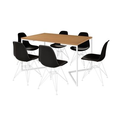 Mesa Industrial Jantar Retangular 137X90Cm Canela Base V Com 6 Cadeiras Pretas Ferro Br Canela