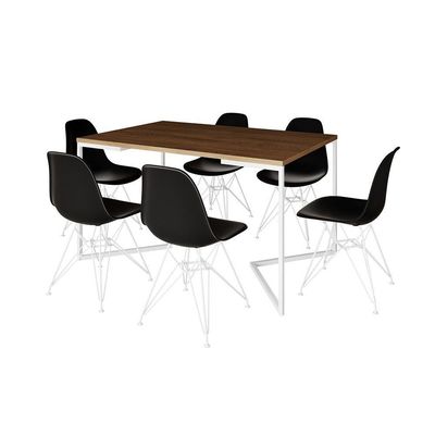 Mesa Industrial Jantar Retangular 137X90Cm Amêndoa Base V Com 6 Cadeiras Pretas Ferro B Amendoa