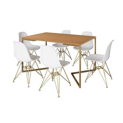 Mesa Jantar Industrial Retangular 137X90Cm Canela Base V Com 6 Cadeiras Brancas Base Do Cor: Canela