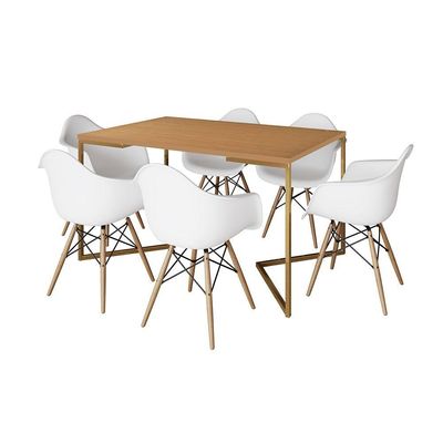 Mesa Jantar Industrial Canela 137X90Cm Base V Dourada Com 6 Poltronas Daw Madeira Branc Cor: Canela