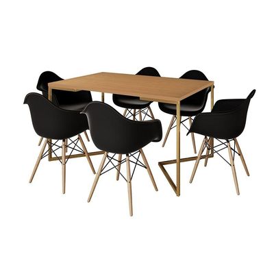 Mesa Jantar Industrial Canela 137X90Cm Base V Dourada Com 6 Poltronas Daw Madeira Preta Cor: Canela
