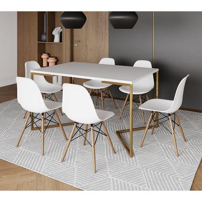 Mesa Jantar Industrial Retangular 137X90Cm Branca Base V Dourada Com 6 Cadeiras Madeira Cor: Branco