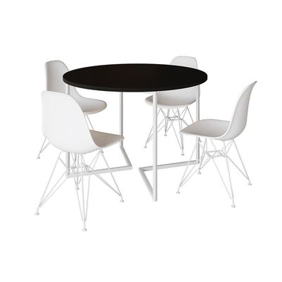 Mesa Industrial Jantar Redonda Preta 110Cm Base V Com 4 Cadeiras Eames Brancas Ferro Branco Preto