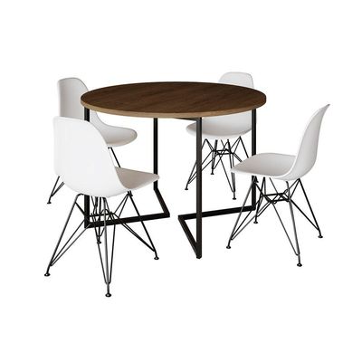 Mesa Industrial Jantar Redonda Amêndoa 110Cm Base V Com 4 Cadeiras Eames Brancas Ferro Preto Amendoa