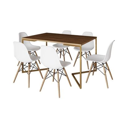 Mesa Jantar Industrial Retangular 137X90Cm Amêndoa Base V Dourada C/6 Cadeiras Madeir Cor: Amendoa