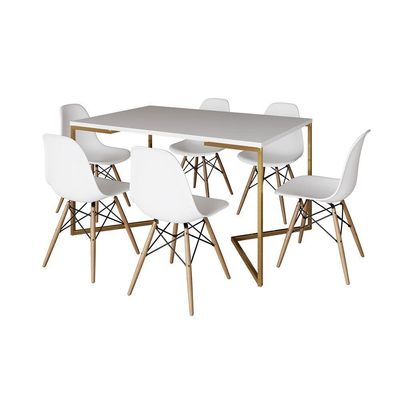 Mesa Jantar Industrial Retangular 137X90Cm Branca Base V Dourada Com 6 Cadeiras Madeira Cor: Branco