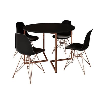 Mesa Industrial Jantar Redonda Preta 110Cm Base V Com 4 Cadeiras Eames Pretas Base Cobre Preto