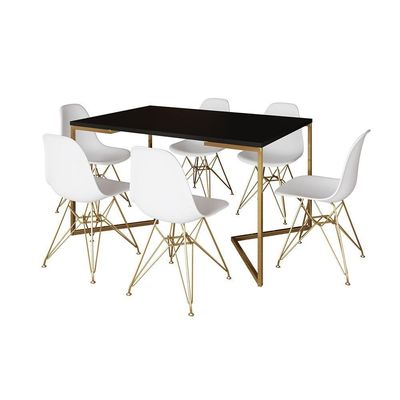 Mesa Jantar Industrial Retangular 137X90Cm Preta Base V Com 6 Cadeiras Brancas Base Dou Cor: Preto