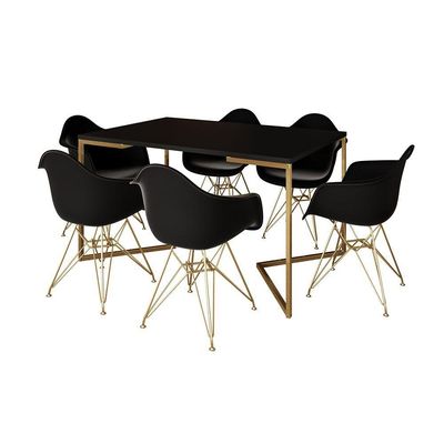 Mesa Jantar Industrial Preta 137X90Cm Base V Com 6 Poltronas Daw Pretas Base Dourada Cor: Preto
