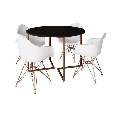 Mesa Industrial Jantar Preta 110Cm Redonda Base V Com 4 Poltronas Brancas Base Cobre Preto