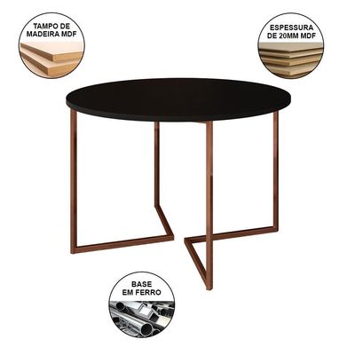 Mesa Industrial Jantar Redonda Preta 110Cm Base V Com 4 Cadeiras Eames Pretas Base Cobre Preto