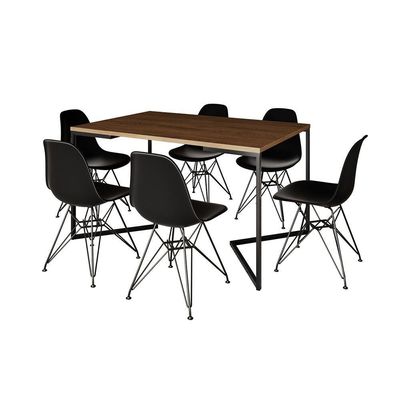 Mesa Industrial Jantar Retangular 137X90Cm Amêndoa Base V Com 6 Cadeiras Pretas Ferro P Amendoa