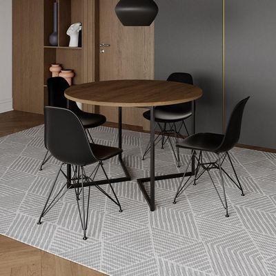 Mesa Industrial Jantar Redonda Amêndoa 110Cm Base V Com 4 Cadeiras Eames Pretas Ferro Preto Amendoa