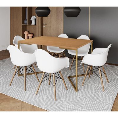 Mesa Jantar Industrial Canela 137X90Cm Base V Dourada Com 6 Poltronas Daw Madeira Branc Cor: Canela