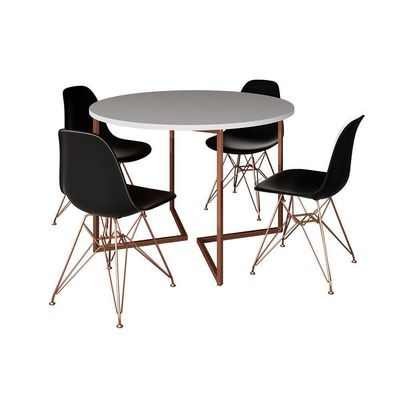 Mesa Industrial Jantar Redonda Branca 110Cm Base V Com 4 Cadeiras Eames Pretas Base Cobre Branco