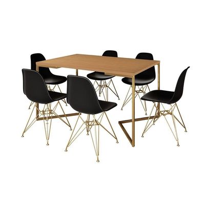 Mesa Jantar Industrial Retangular 137X90Cm Canela Base V Com 6 Cadeiras Pretas Base Dou Cor: Canela