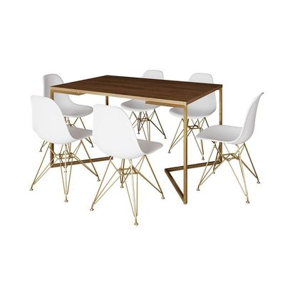 Mesa Jantar Industrial Retangular 137X90Cm Amêndoa Base V C/6 Cadeiras Brancas Base D Cor: Amendoa