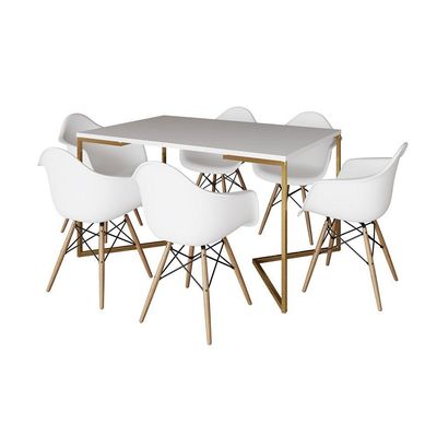 Mesa Jantar Industrial Branca 137X90Cm Base V Dourada Com 6 Poltronas Daw Madeira Branc Cor: Branco