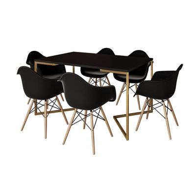 Mesa Jantar Industrial Preta 137X90Cm Base V Dourada Com 6 Poltronas Daw Madeira Pretas Cor: Preto