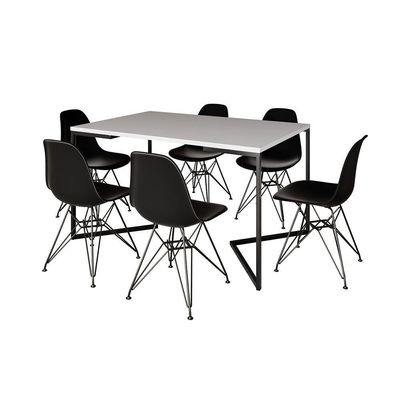 Mesa Industrial Jantar Retangular 137X90Cm Branca Base V Com 6 Cadeiras Pretas Ferro Pr Branco