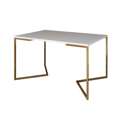 Mesa Jantar Industrial Branca 137X90Cm Base V Dourada Com 6 Poltronas Daw Madeira Branc Cor: Branco